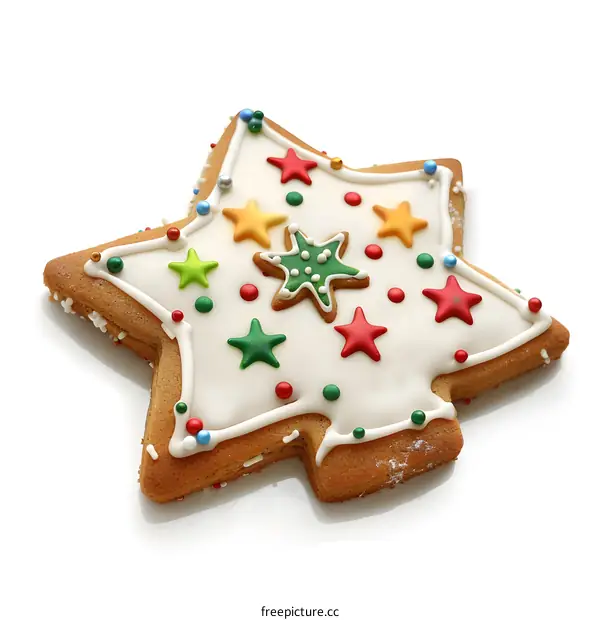 Christmas Star Shaped Gingerbread Cookie Decorated With Colorful Icing