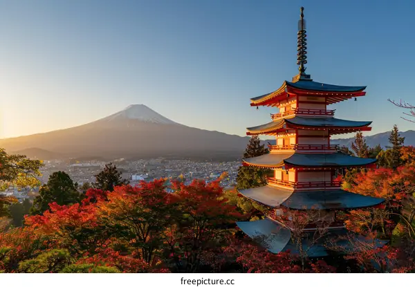 Mount Fuji with Chureito Pagoda in Autumn