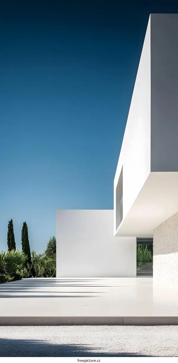 Minimalist Modern White House Exterior with Blue Sky
