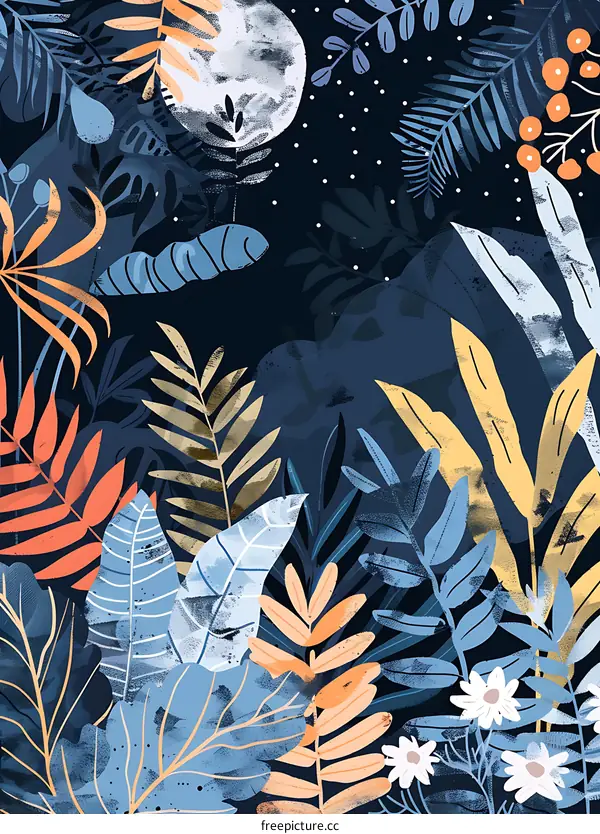 Tropical Leaves Pattern with Full Moon Illustration