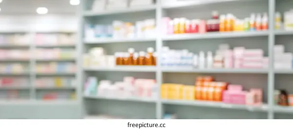 Pharmacy interior with medicine and medical supplies