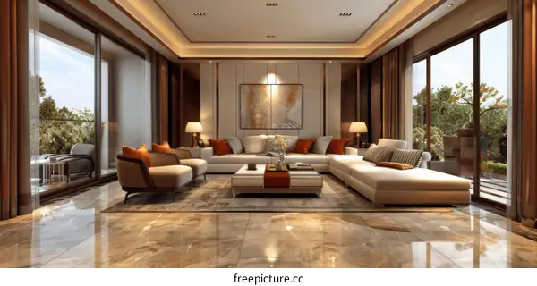 Modern Minimalist Living Room Interior With Sofa and Balcony
