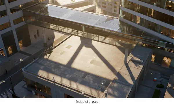 Modern city footbridge connecting office buildings with glass structure