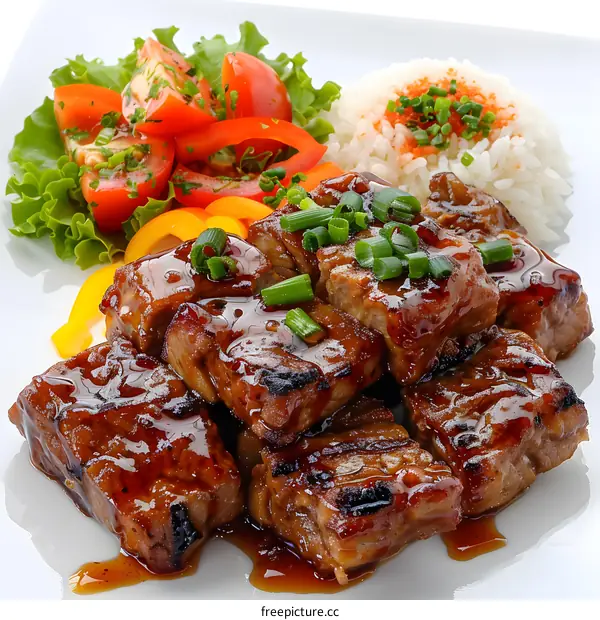 Barbecued spare ribs with rice and salad