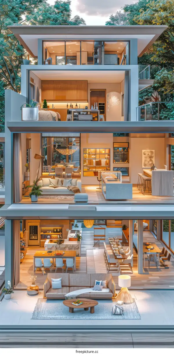 Modern Three-Story House with Large Windows and Terrace