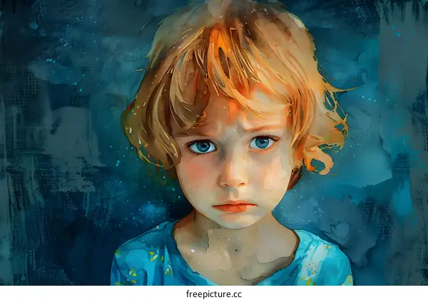 Little Girl Watercolor Portrait Blue Background