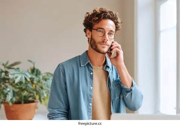 Businessman Talking on Phone in Modern Interior