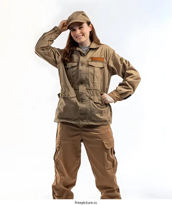 Portrait of a young woman wearing a brown cap and brown jumpsuit