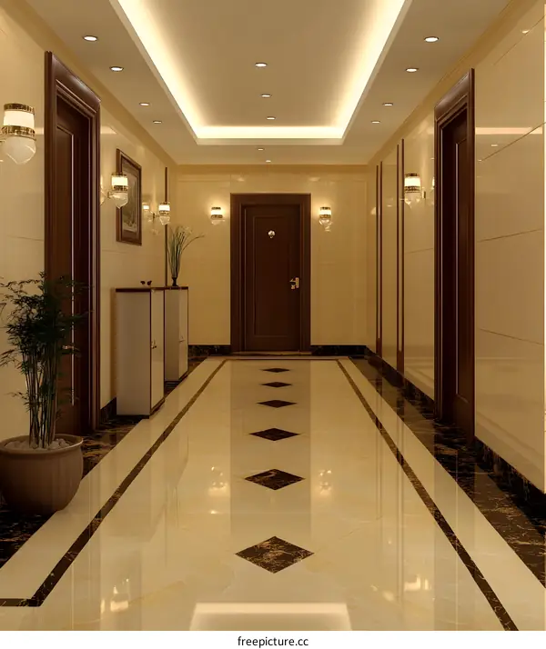 Luxury Hallway Interior Design with Marble Floor and Recessed Lighting