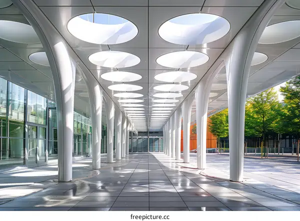 Futuristic office building with a glass and steel facade