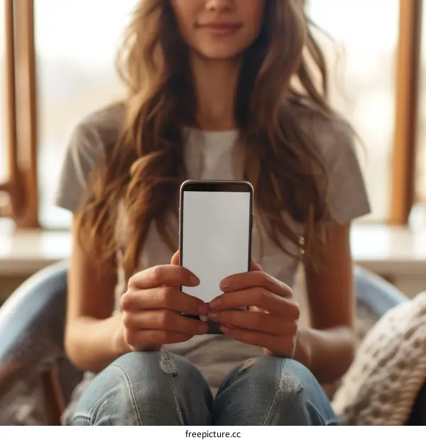 Young woman holding a smartphone with a blank screen