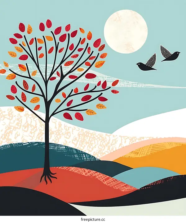 Abstract Autumn Landscape with Tree and Birds