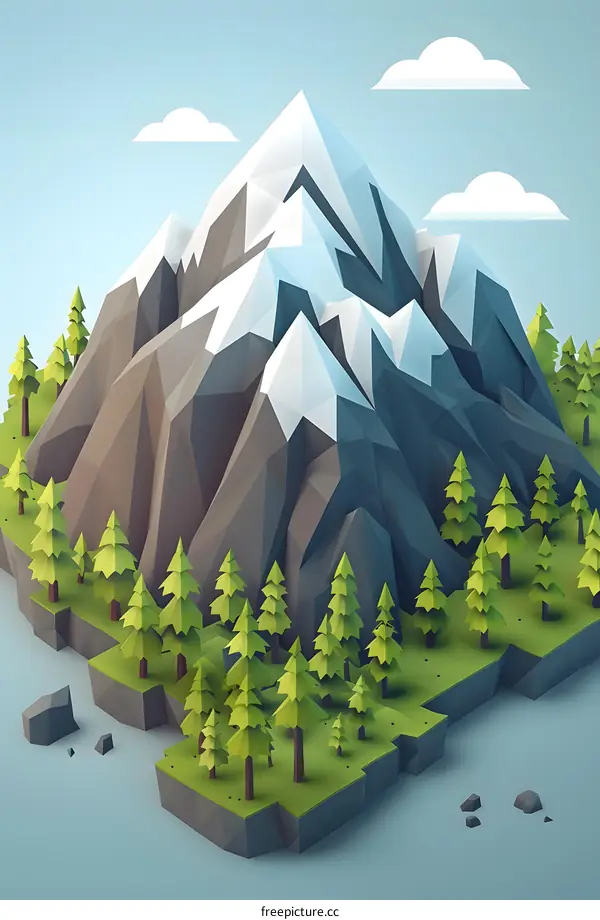 Low Poly Mountain Landscape With Forest and Clouds