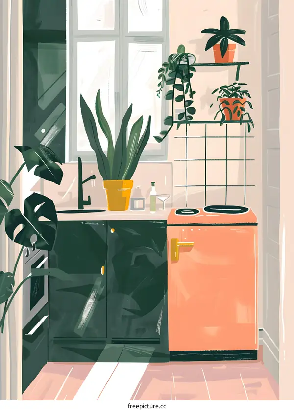 Modern Kitchen Illustration with Plants and Pink Refrigerator