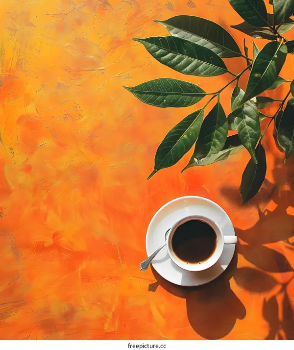 Coffee Cup With Green Leaves On Orange Background