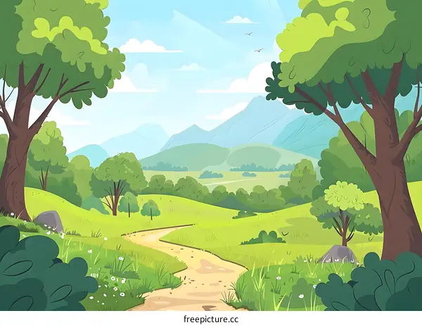 Green Landscape With Winding Path Through Forested Hills