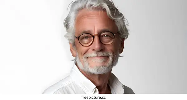 Portrait of Senior Man with Grey Hair and Glasses Smiling