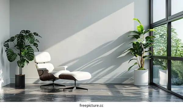 A modern living room with a large window, a white leather chair, and a potted plant