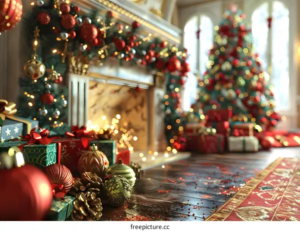 Christmas tree by the fireplace