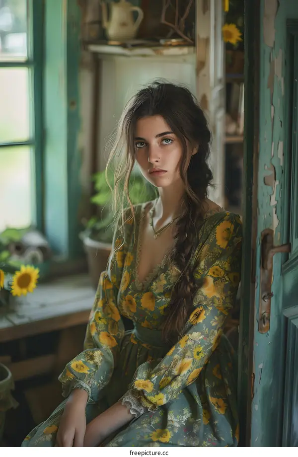 Portrait of a beautiful young woman in a floral dress