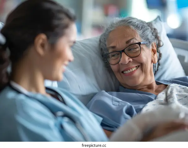 A smiling elderly woman lying in a hospital bed talking to a young doctor