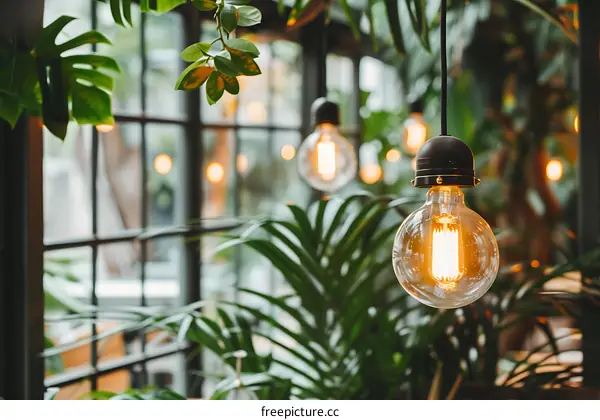 Hanging Light Bulb In Greenery