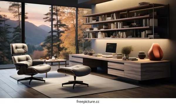 Modern home office with a stunning view of the mountains