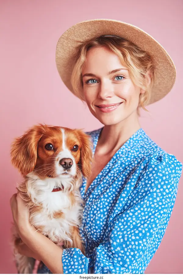 Woman Holding Dog in a Stylish Blue Dress