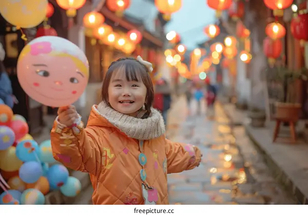 A smiling girl holding a balloon in a market