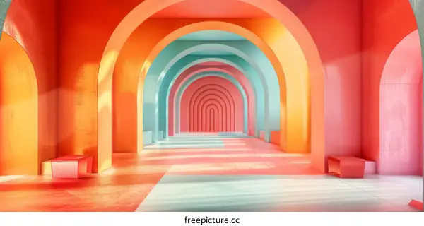 3D rendering of a colorful hallway with arches