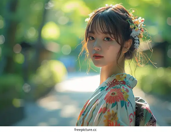 Asian Woman in Traditional Japanese Kimono in Garden