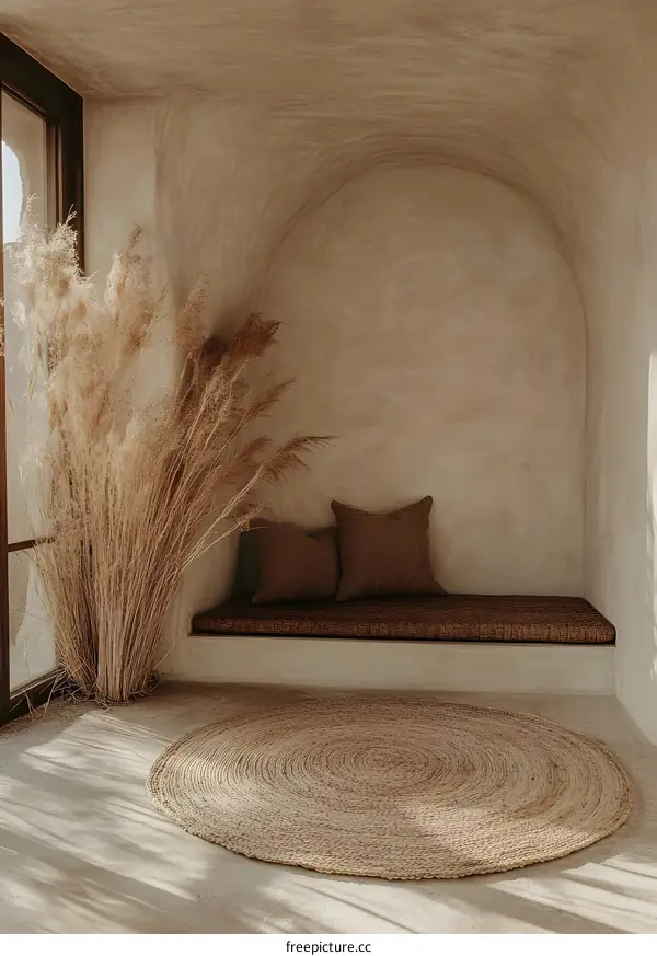 Minimalist Interior Design with Jute Rug and Beige Walls