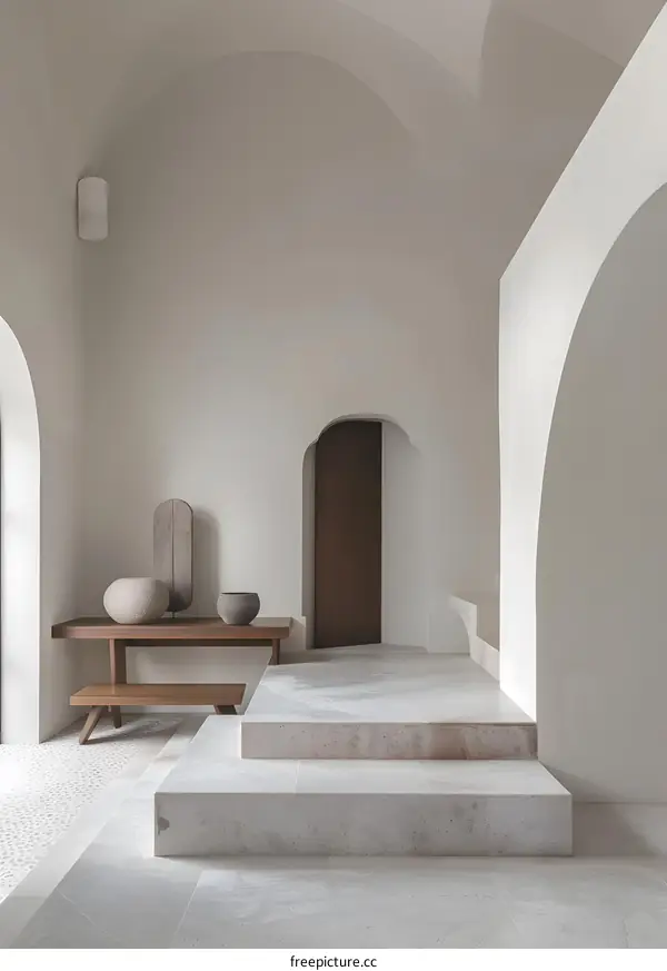 Minimalist White Interior with Arched Doorways and Stone Steps