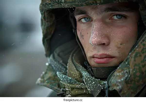 Portrait of a young male soldier in winter gear