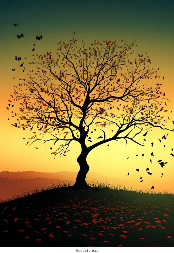 Silhouette Tree with Falling Leaves in Autumn