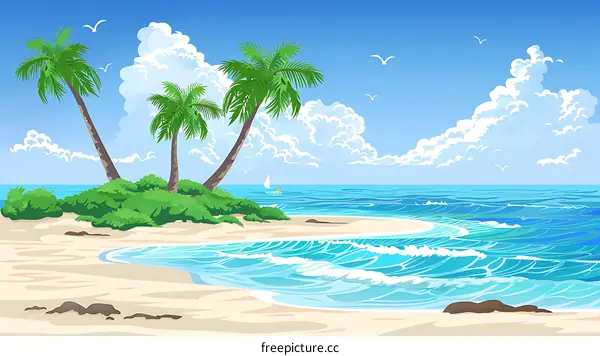 Tropical Beach Illustration with Palm Trees and Blue Sky