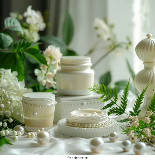 White flowers and skincare products