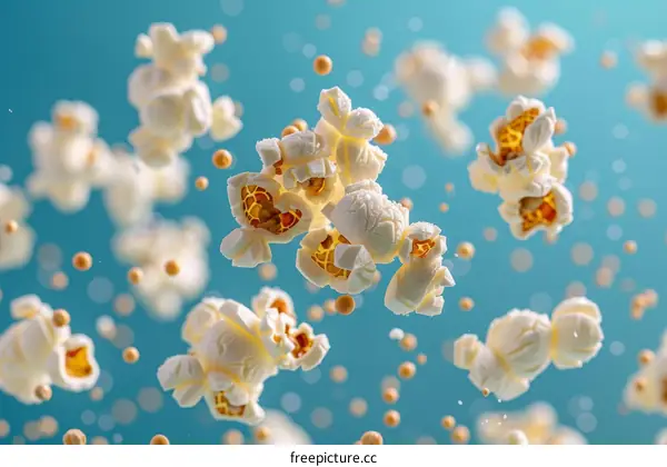 Popcorn Kernels Exploding in Mid-Air with a Blue Background