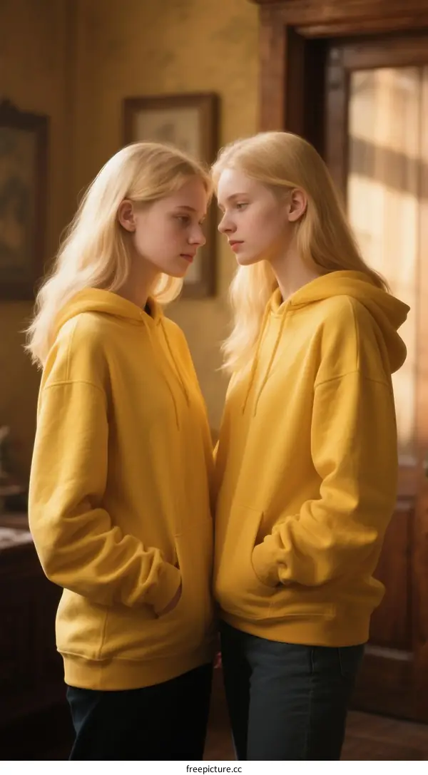 Two Blond Women in Yellow Hoodies Standing Close Together