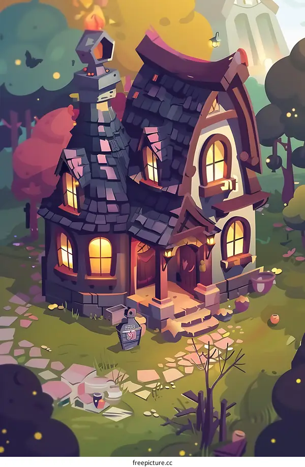 Cartoon Illustration of a Cozy Cottage in a Forest