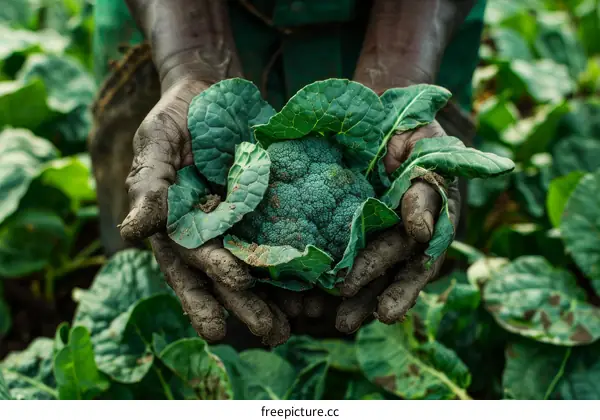 An African farmer holding a freshly-harvested head of broccoli in his hands