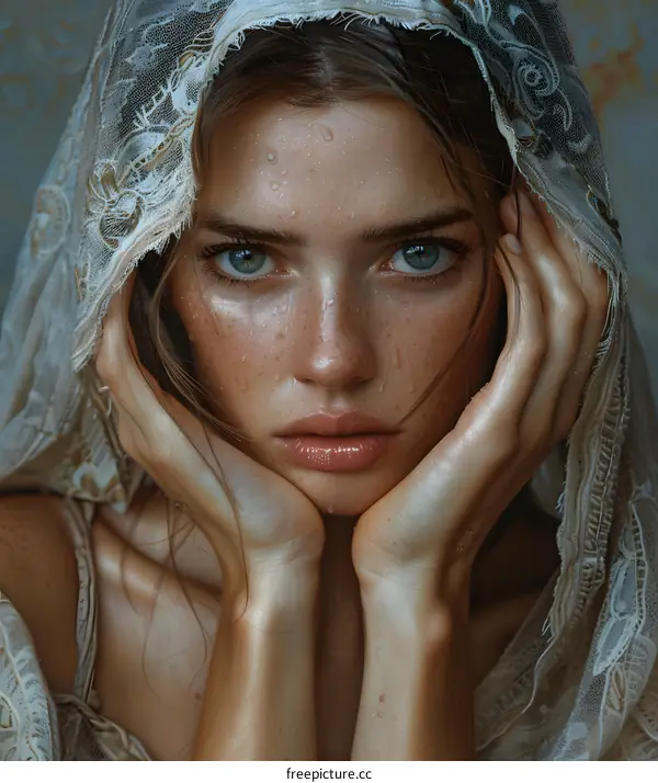 Woman with Lace Veil and Water Drops on Her Face