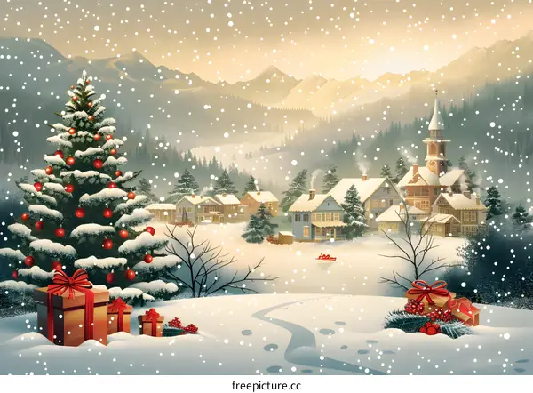 Christmas village in the snow with decorated Christmas tree