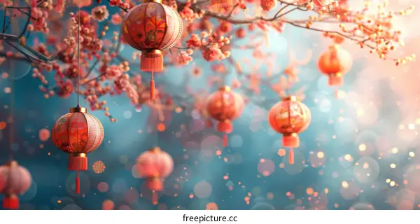 Chinese New Year Lanterns on a Blossom Tree