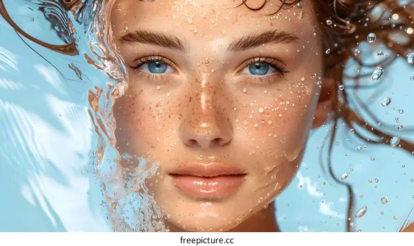 Close-up portrait of a woman with water droplets on her face