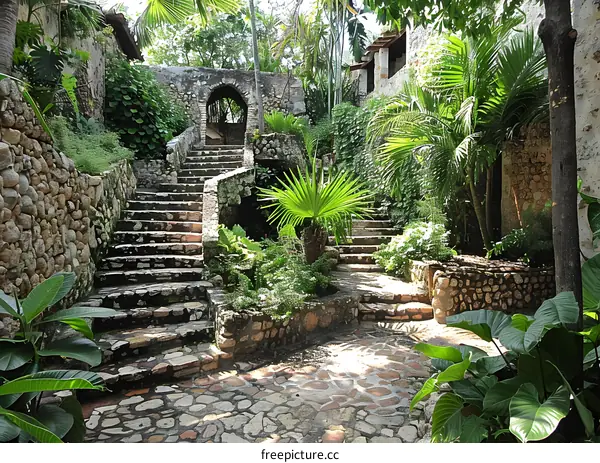 Stone steps in a lush tropical garden