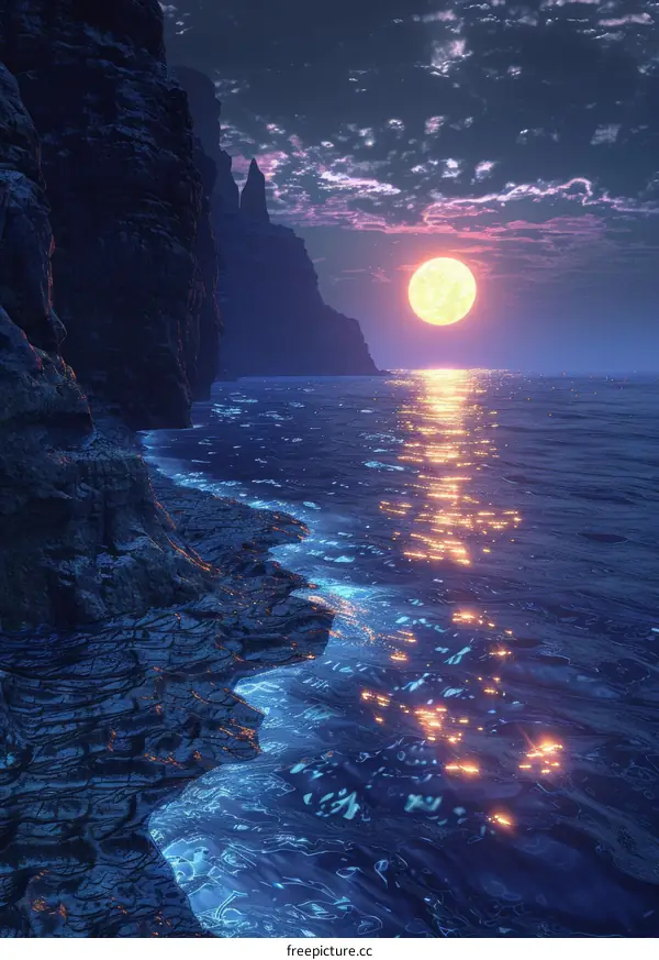 Glowing Moon Over Dark Cliffs: A Fantasy Landscape