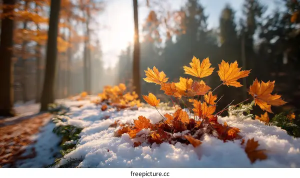 Autumn Leaves on Winter Snow Forest Scene