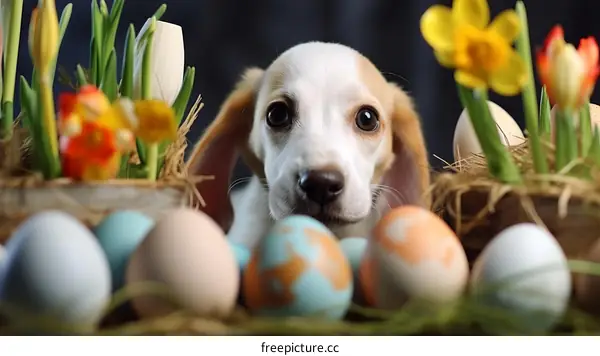 A cute beagle puppy sits between two pots of flowers and looks at the camera with big, round eyes.