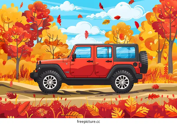 Red Jeep Driving Through Autumn Forest
